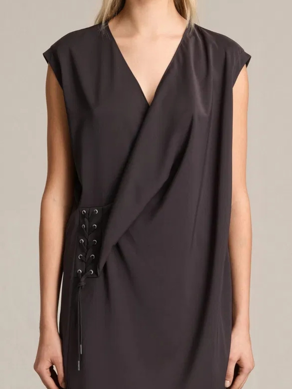 AllSaints Black Wrap Mini Dress with Lace-Up Detail